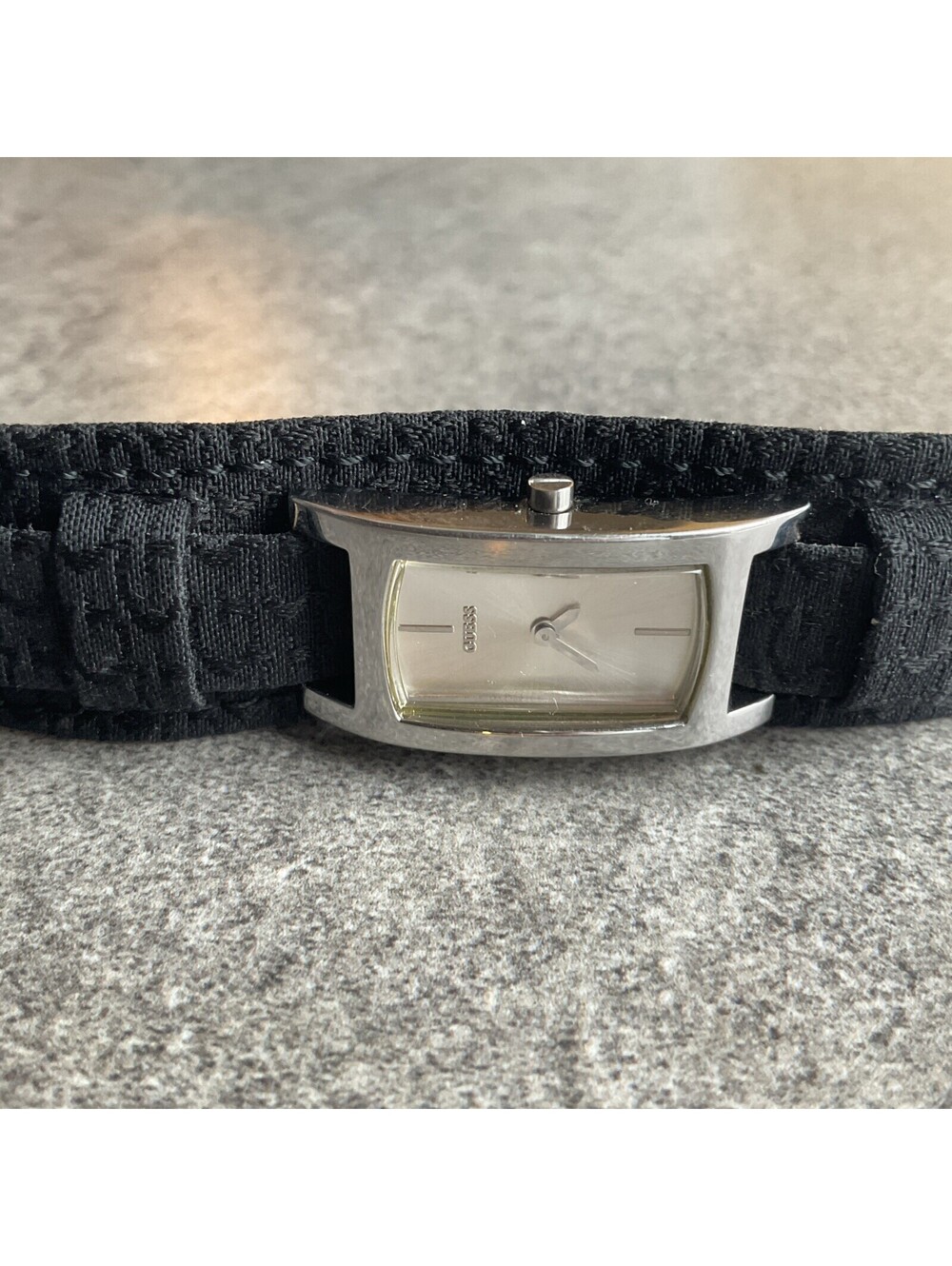 Beautiful Guess Womens Watch 18mm Silver Tone Case Black Leather Cuff Band BCF
